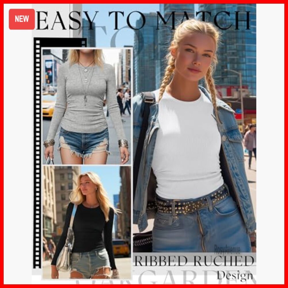 3 Pack Women's Ribbed Long Sleeve Cotton T-Shirts Slim Fit Crew Neck - Picture 2 of 7